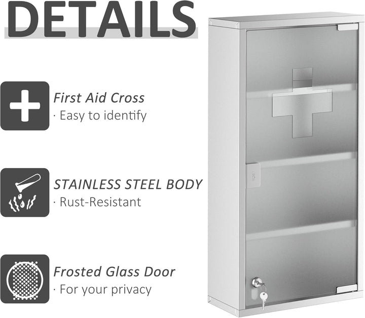 4 Tier Stainless Steel Wall Mounted Medicine Cabinet Glass Lockable Door Storage Shelves Houseware Bathroom Furniture 60Hx30Wx12D(Cm) W/2 Keys