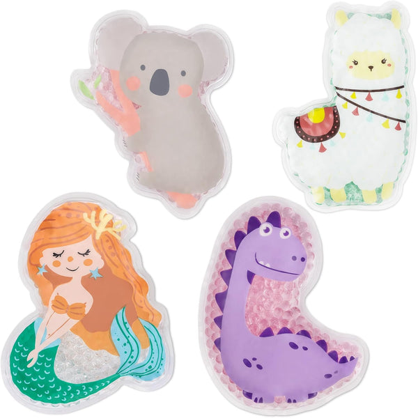 Girls Hot and Cold Packs (Set of 4) - Kids Reusable Heat and Ice Gel Pack Set - Koala/Alpaca/Mermaid/Dinosaur