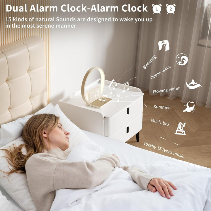 Bedside Lamp, Wake-Up Light, 10 Watt Wireless Charger, Touch Dimmable Table Lamp, Sunrise Alarm Clock, 3 Levels of Brightness, Soothing Sound, Bedroom Sleep Aid for Babies & Adults