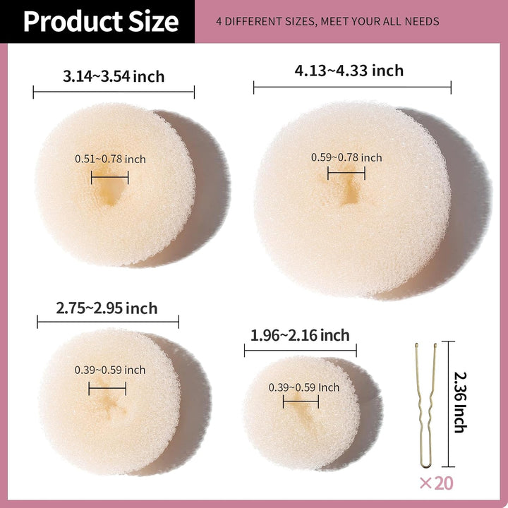 Hair Bun Shaper Set, 4 Size Beige Donut Bun Maker + 20 Golden Bobby Pins for Blonde, Chignon Bun Maker Hair Ring Style Accessories for Dancer Ballet Girls Extra-Large, Large, Medium, Small