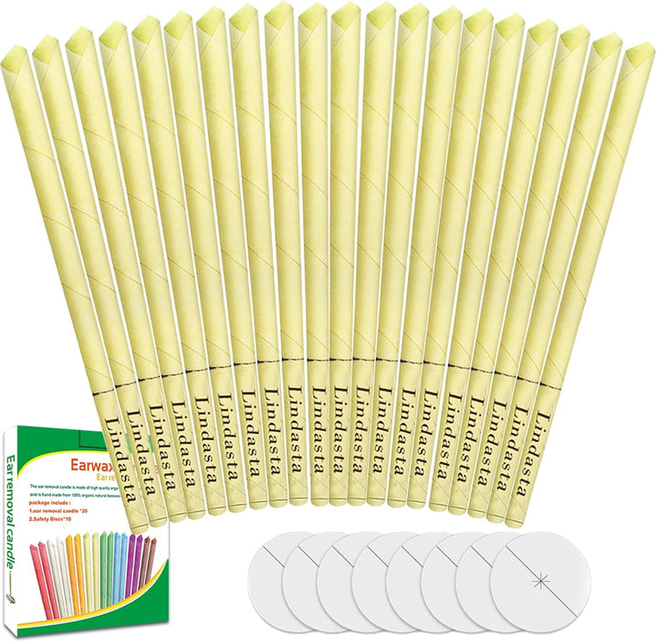 20 Pcs Ear Candles,All Natural Ear Candles Beeswax Candling Cones, Ear Wax Candles,100%Non-Toxic Cylinders Fragrance Hollow Cone Candles With(20 Ear Candle)+10 Protective Disks+30 Cotton Swab