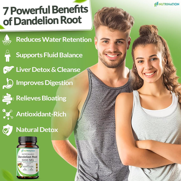 Water Retention Tablets - Dandelion Root Capsules 5000Mg | (4-Month Supply) 120 Vegan Capsules | High-Strength Herbal Supplement for Bloating, Detox & Fluid Balance | Non-Gmo & Lab-Tested