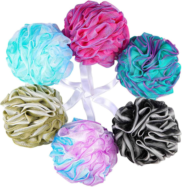 6 Pack 75G/Pc Large Loofahs Shower Sponge, Mesh Pouf Bath Sponges Exfoliating Body Scrubber Shower Scrunchies (A Color)