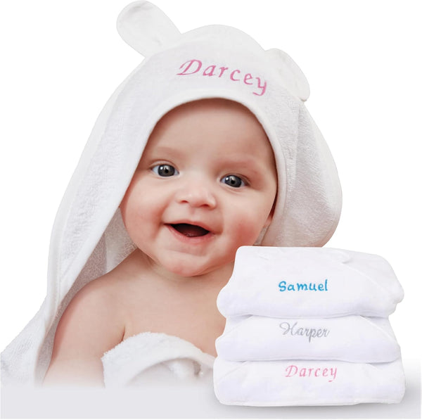 Personalised Newborn Baby Hooded Bath Towel - Soft, Cuddly, Highly Absorbent and Machine Washable Towel with Ears for Your New Baby Girl or Boy That Will Grow with Them, 75Cm X 75Cm