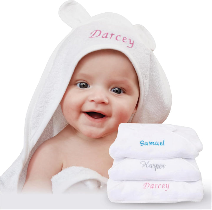 Personalised Newborn Baby Hooded Bath Towel - Soft, Cuddly, Highly Absorbent and Machine Washable Towel with Ears for Your New Baby Girl or Boy That Will Grow with Them, 75Cm X 75Cm