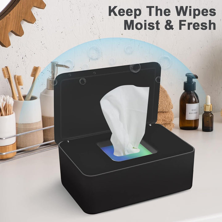2 Pcs Wet Wipes Dispenser Box, Wet Wipes Storage Box with Lid Tissue Box Holder Rectangular, Baby Nappy Wipes Case for Toilet, Bathroom - Black
