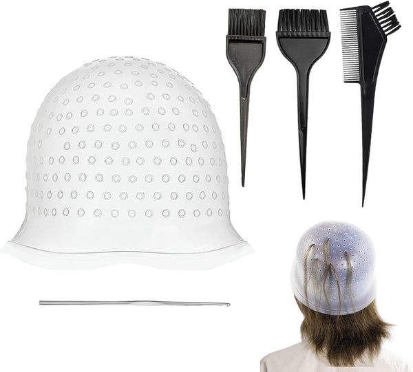 Professional Highlighting Kit 1 Pcs Highlighting Cap with Needle and 3 Hair Coloring Brushes Silicone Highlight Cap Reusable Hair Highlighting Kit for Salon Silicone Hairdressing Tools for Women Men