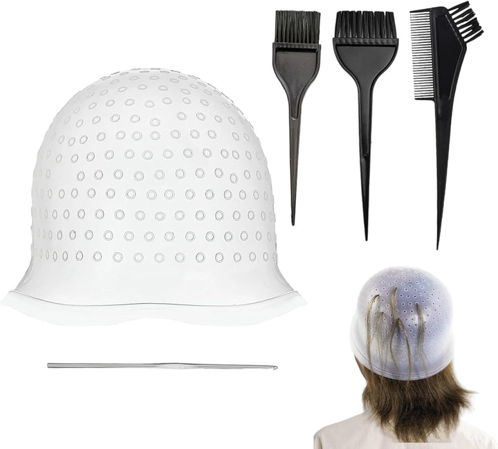 Professional Highlighting Kit 1 Pcs Highlighting Cap with Needle and 3 Hair Coloring Brushes Silicone Highlight Cap Reusable Hair Highlighting Kit for Salon Silicone Hairdressing Tools for Women Men