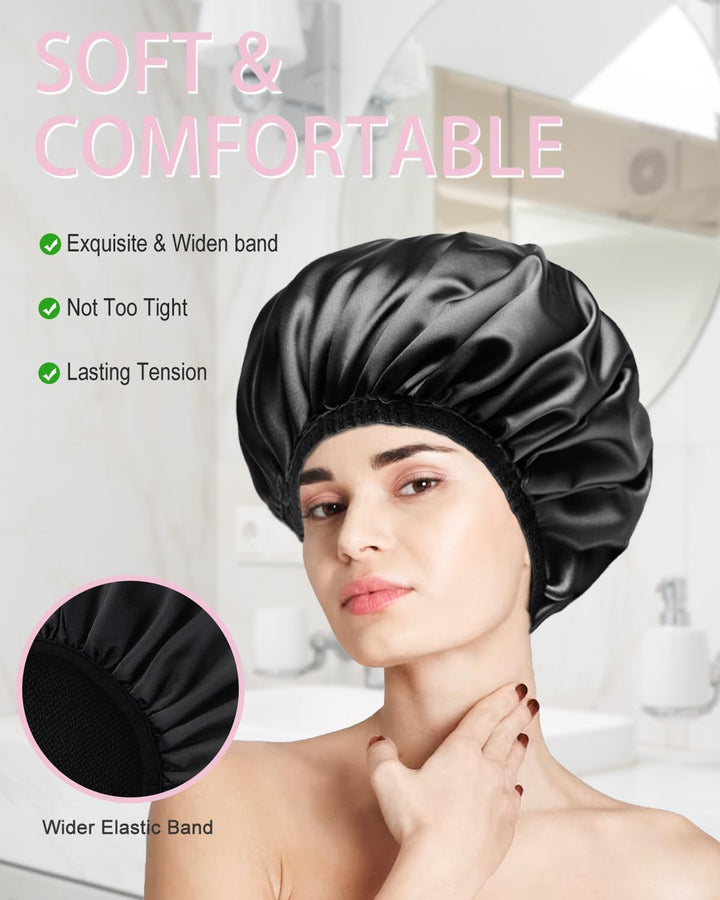 Shower Cap,Extra Large Triple Layer Bathing Cap with Dry Hair Function for Women Microfiber Terry Cloth Silky Satin 100% Waterproof Reusable Long Hair Bath Caps