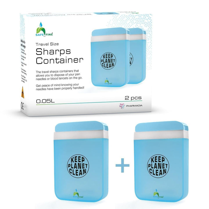 Travel Size Sharps Disposal Container for Diabetic Pen Needles, Blood Lancets and Test Strips - Compact Size Sharps Bin for Travel and Daily Personal Use - 2 Pieces Multiple Use Pack