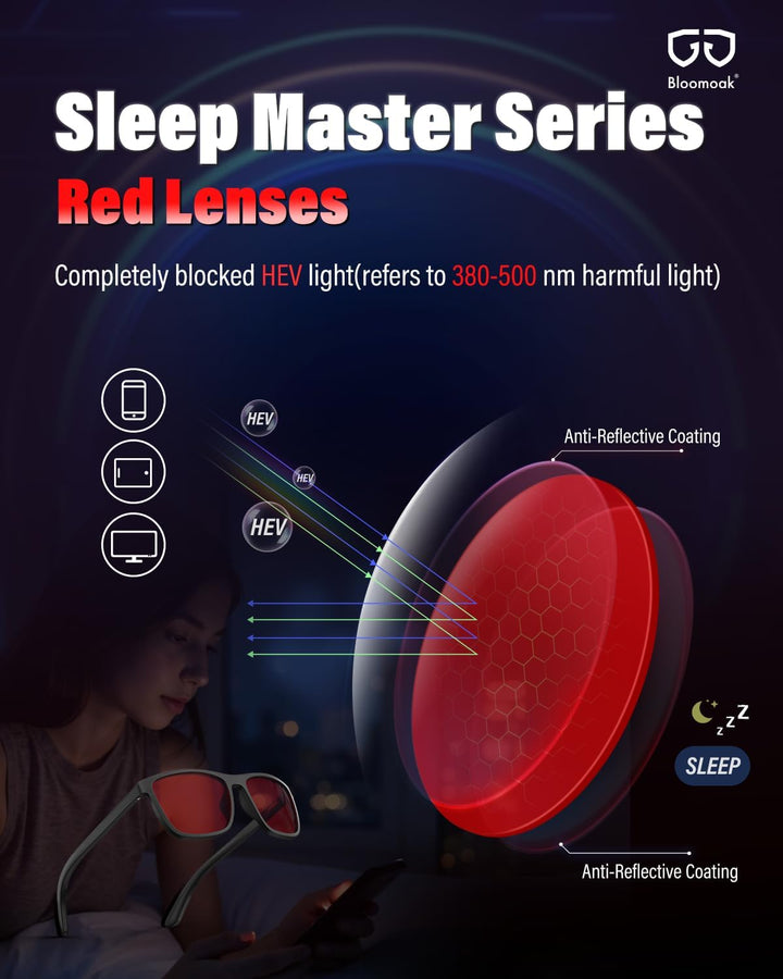 Dark Red Lens Sleep Glasses, 100% Blue & Green Light Blocking Glasses for Better Sleep, anti Eyestrain Women Men