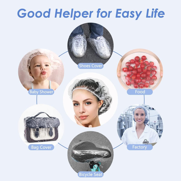 Shower Cap Disposable, 50 PCS Bath Caps Large Thick Clear Waterproof Plastic Elastic Hair Bath Caps for Women Kids Girls, Travel Spa, Hotel and Hair Solon, Home Use