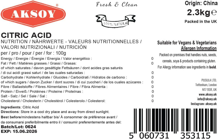 Citric Acid Food Grade 2300Gr || Non-Gmo, Anhydrous, Make Your Own Bathbomb, No Additives, Sour Drinks, Household Cleaning with Citric Acid Powder (Packaging May Vary)