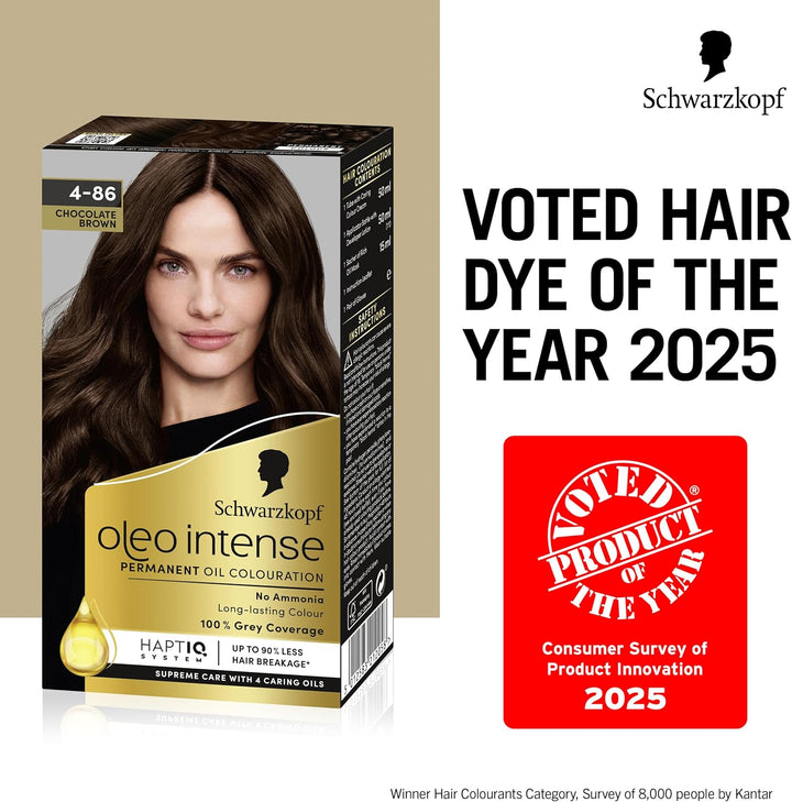 Oleo Intense Permanent Oil Colour 4-86 Chocolate Brown, 100% Grey Coverage, Conditioner with Haptiq System, Long-Lasting Colour, Ammonia Free Hair Dye