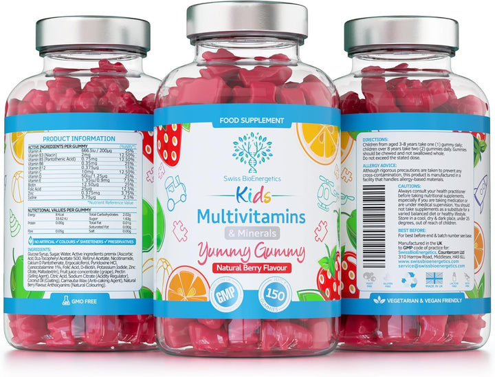 Kids/Childrens Vitamins - 150 Multivitamin & Minerals Gummies - Natural Berry Flavour Packed with Essential Nutrients - Vegan & Free of Artificial Sweeteners – 5 Months Supply – UK Made