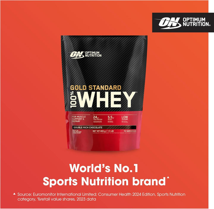 Gold Standard 100% Whey Muscle Building and Recovery Protein Powder with Naturally Occurring Glutamine and BCAA Amino Acids, Double Rich Chocolate Flavour, 15 Servings, 465 G