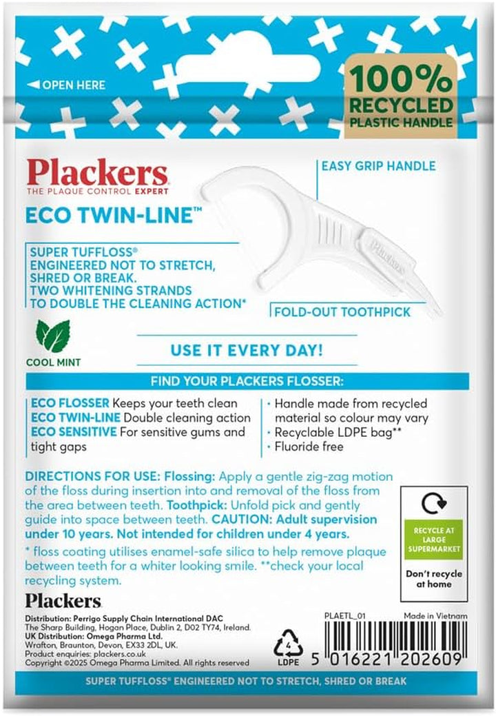 Eco Twin Line Flossers, Dental Flossers, Double Cleaning Action, Two Floss Threads, the Easy Way to Floss, Folding-Out Toothpick, Recycled Plastic Handle
