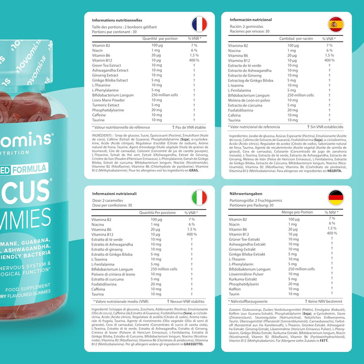 Focus Gummies - Ashwagandha, Lions Mane, Gingko Biloba, Vitamin B12 & Caffeine - 1-Month Supply - Focus, Memory & Energy Support - Gluten-Free Nootropics & Mushrooms - 60 Gummies -