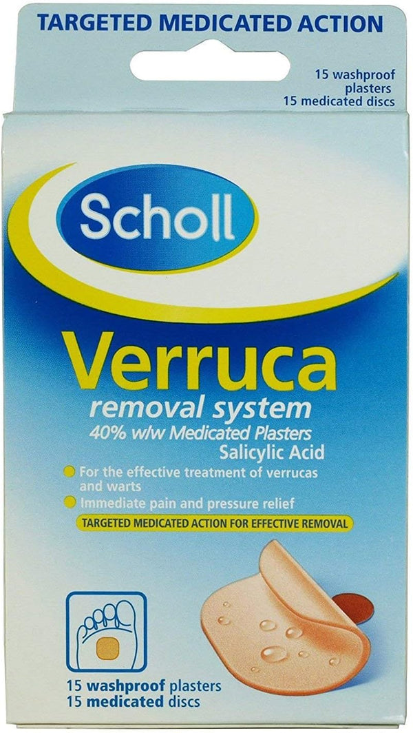Scholl Verruca Removal System - 15 Waterproof Plasters & Medicated Discs, with Salicylic Acid, Targeted Action for Effective Verucca Removal