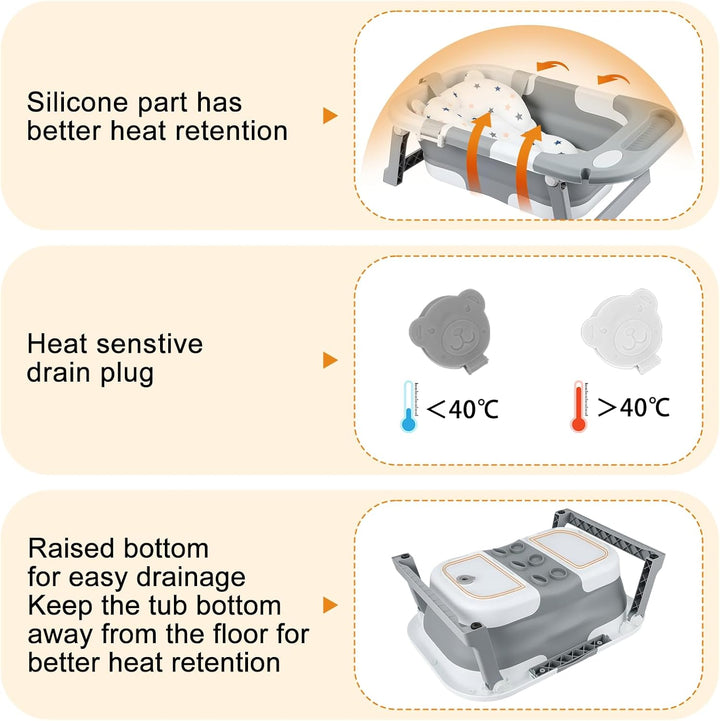 Foldable Baby Bathtub – Portable Collapsible Infant Tub with Seat Support & Heat-Sensitive Drain – Newborn to Toddler (0-36 Months) – Safe, Non-Slip & Space-Saving (Grey)