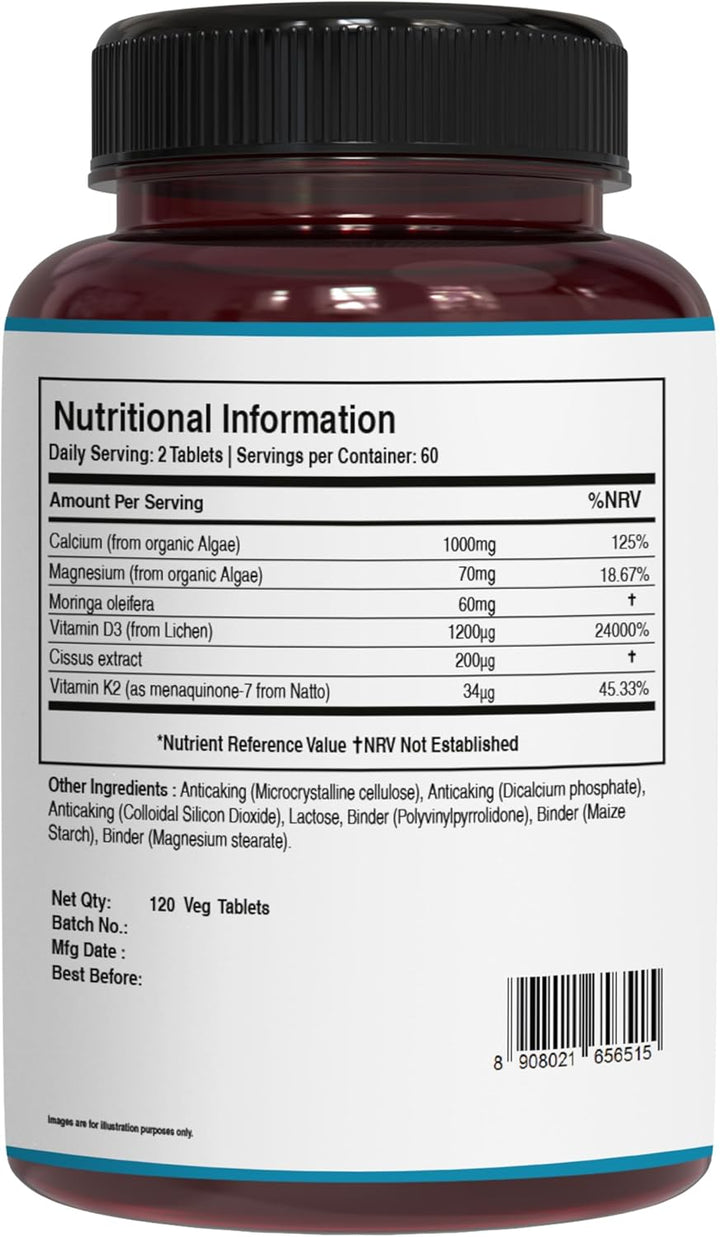 Pure Nutrition Cal D - Plant Based Calcium with VIT D3 K2 & Magnesium | 120 Tabs | 500Mg Vegan Calcium per Serving | Supplement for Bone Health