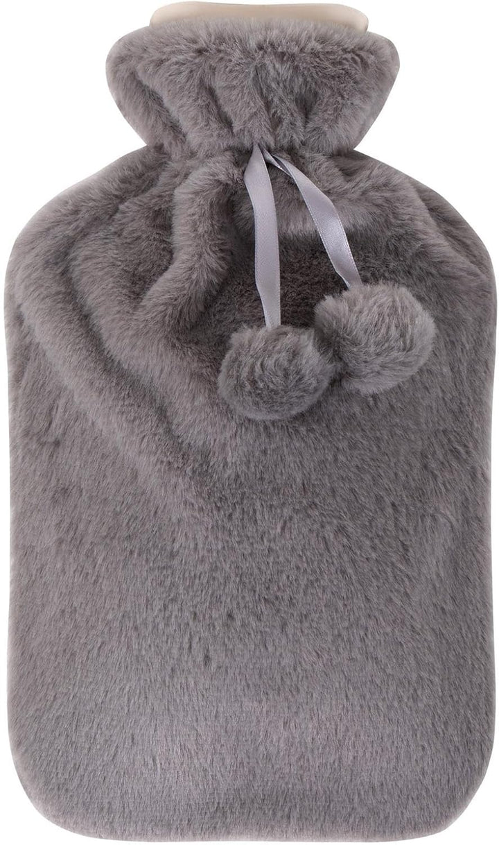 Large 2L Hot Water Bottle with Plush Cover & Bobble - Durable, Washable Heating Pad for Body Pain Relief & Cosy Nights - Perfect for Aches, Pains, and Thoughtful Gifts (Black Plush)