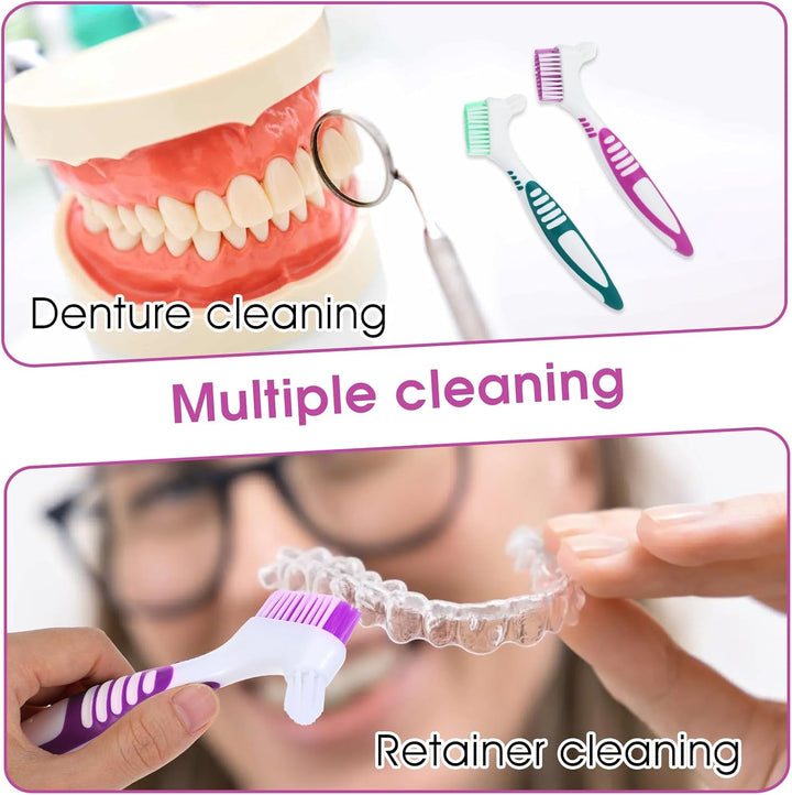 2Pcs Denture Cleaning Brush Set, Denture Toothbrushes, Denture Cleaning Care Brush with White Carrying Case, Multi-Layered Bristles & Ergonomic Rubber Handle for Denture Clean Care (Green&Purple)