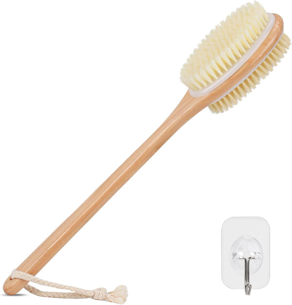Wooden Back Scrubber for Shower with Long Handle, Dual-Sided Bath Brush Body Scrubber with Stiff and Soft Bristles, Exfoliating Body Brush [Dry and Wet Brushing]