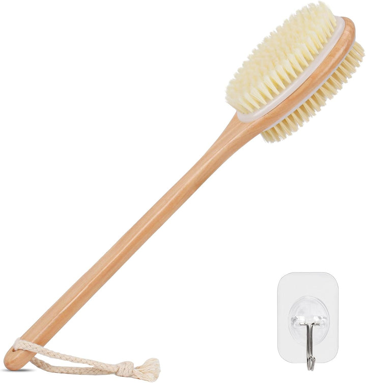 Wooden Back Scrubber for Shower with Long Handle, Dual-Sided Bath Brush Body Scrubber with Stiff and Soft Bristles, Exfoliating Body Brush [Dry and Wet Brushing]