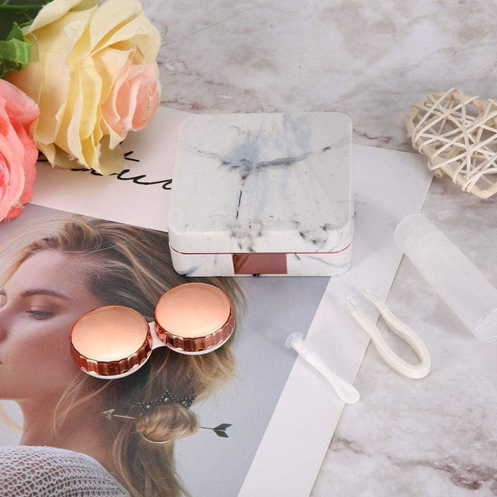 Marble Contact Lens Case - Travel Mini Companion Box with Portable Invisible Mirror (Marble Series Rose Gold)