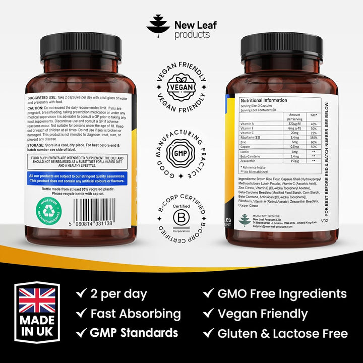Lutein Supplement for Eyes - Lutein and Zeaxanthin Supplement Enriched with Vitamin A, B2 Which Supports Normal Vision & Zinc Eye Vitamins - Made in the UK Eye Health Complex by New Leaf