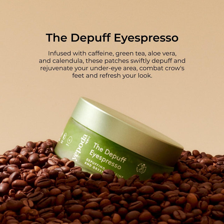 the Depuff Eyespresso, Depuffing Caffeine & Green Tea Eye Patches, Reduce Puffiness & Rejuvenates Tired under Eye Area, Vegan Korean Eyepatches for All Skin Types, 60 Pcs / 90 G