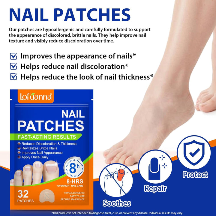 Fungal Nail Patches, 32Pcs Toe Nail Fungal Treatment Pads, 8-Hour Nighttime Toenail Fungus Treatment Restores Healthy Appearance, Reduces Discoloration & Thickness, Overnight Repair for Damaged Nails
