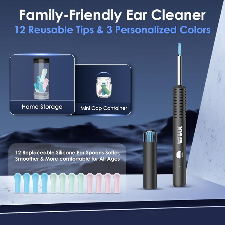 Ear Wax Removal Kit with 1920P HD Camera Wireless Otoscope Earwax Cleaner with 12 PCS Ear Spoons & 6 LED Lights Earwax Remover Tool Portable Type-C Rechargeable for Iphone Ipad Android (Black)