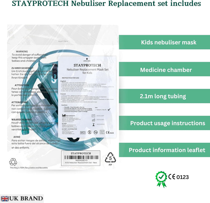Nebuliser Replacement Set for Kids Respiratory Treatment Includes Nebuliser Chamber, 2.1M Long Tubing & Kid'S Mask, Universal Compatibility with Nebuliser Machine for Home & Travel Use.