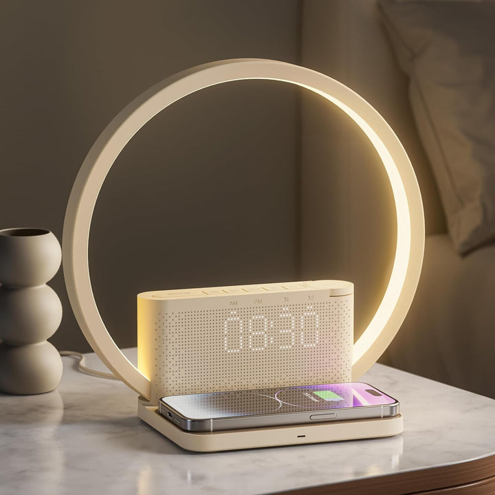 Bedside Lamp, Wake-Up Light, 10 Watt Wireless Charger, Touch Dimmable Table Lamp, Sunrise Alarm Clock, 3 Levels of Brightness, Soothing Sound, Bedroom Sleep Aid for Babies & Adults