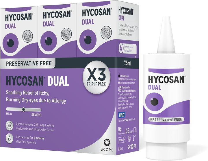 Dual - Double Action Eye Drops with Hyaluronic Acid and Ectoin for Soothing Relief of Itchy, Burning or Dry Eyes Due to Allergens - Preservative Free - 225 Measured Doses
