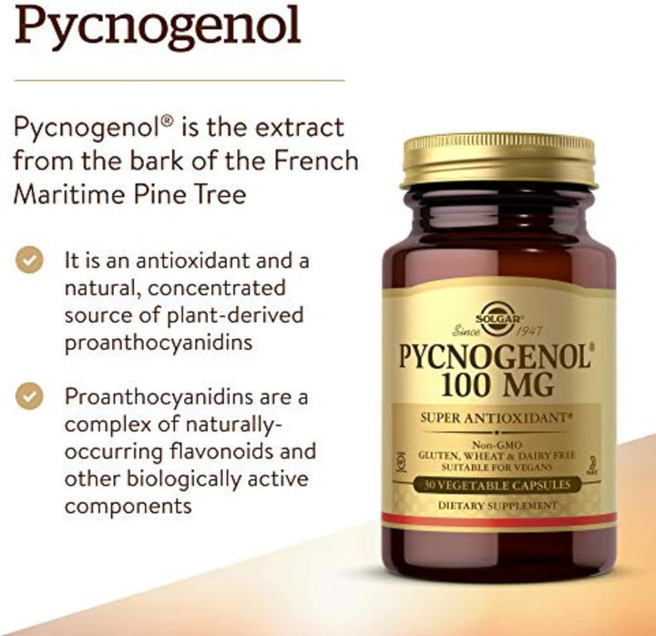 Pycnogenol 100Mg - Derived from Pine Bark - Works Combined with Vitamins C & E - Vegan - 30 Vegetable Capsules, Brown