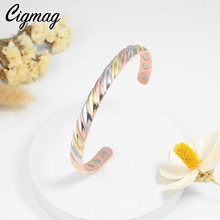 Lymphatic Drainage Copper Bracelet for Women Ultra Strength Magnet Solid Pure Copper Magnetic Bracelet Adjustable Cuff Bangle with Present Box (Tricolour Pattern)