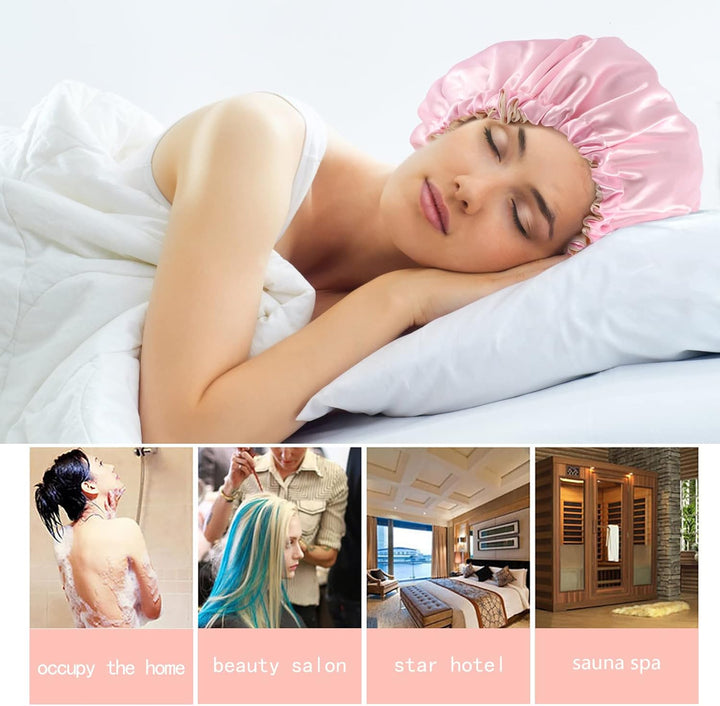 2 Pieces Adjustabl Bonnet, 36Cm Double Sided Satin Sleep Caps Night Sleep Hat for All Hair Lengths Women Curly Natural Hair Head Cover(Black+Pink)