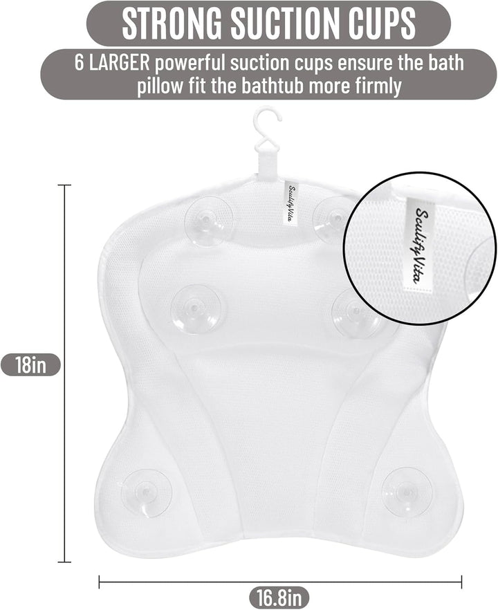 Bath Pillow - Non-Slip Luxury Head/Neck Support, 4D Air Mesh & 6 Suction Cups, Soft Bathtub Cushion Spa Gift (Butterfly White)
