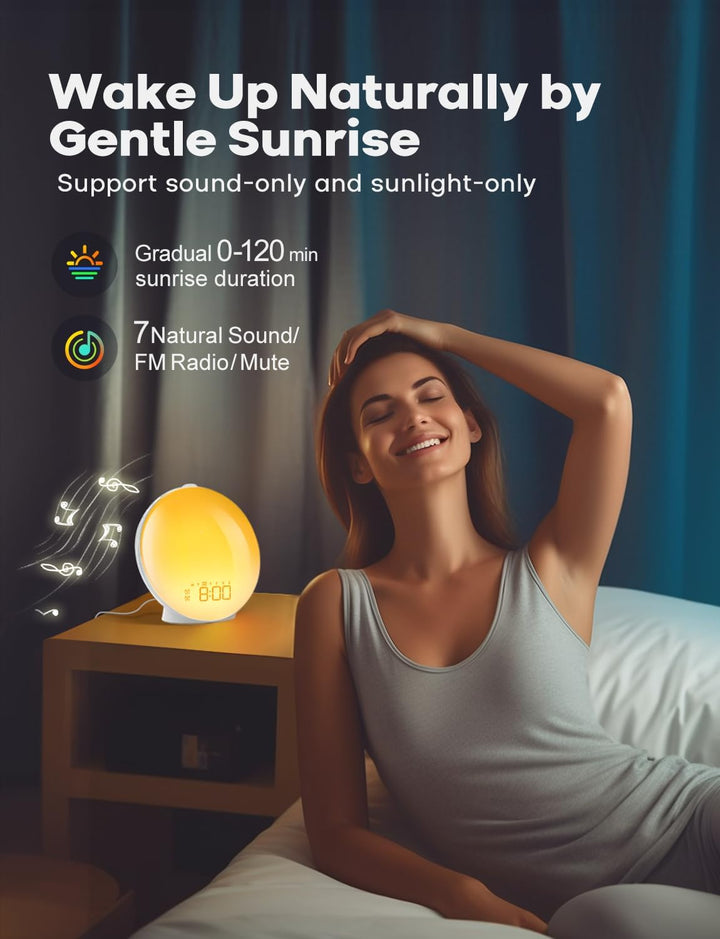Sunrise Alarm Clock with Wake up Light - Dual Alarm, Sunrise & Sunset Simulation, FM Radio, 7 Natural Sounds, Full-Screen Touch Display, Bedside Clock for Adults & Kids