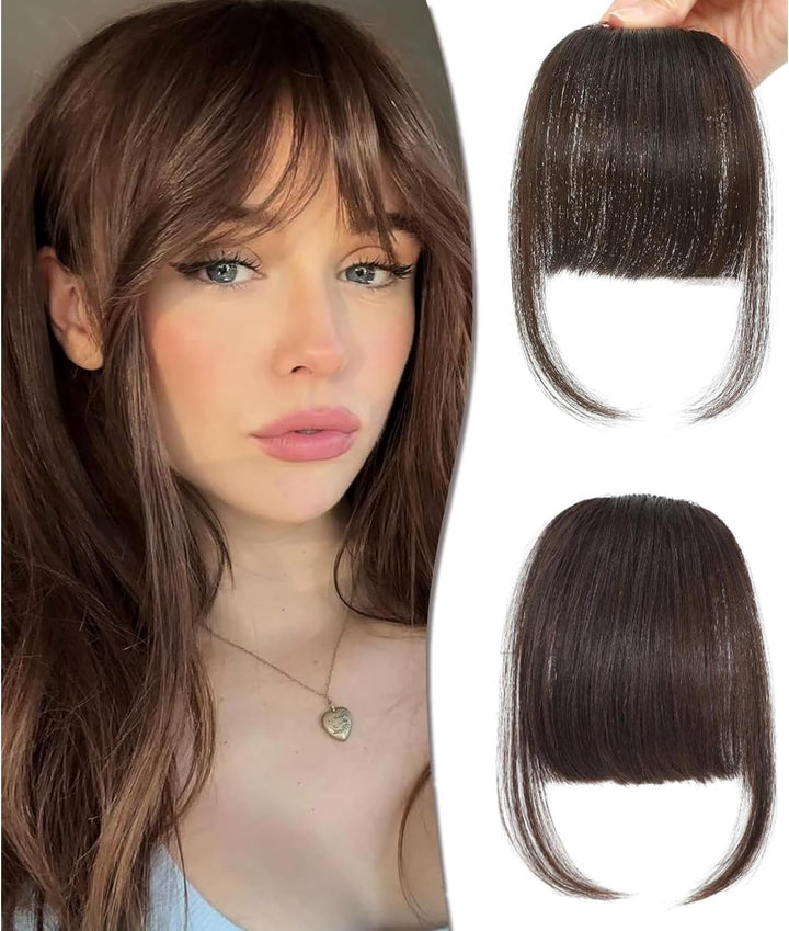 Clip in Fringe - Bangs Hair Clip in Bangs 100% Real Human Hair Extensions Clip on Air Bangs for Women Fringe with Temples Hairpieces Curved Bangs (Dark Brown, French Bangs)