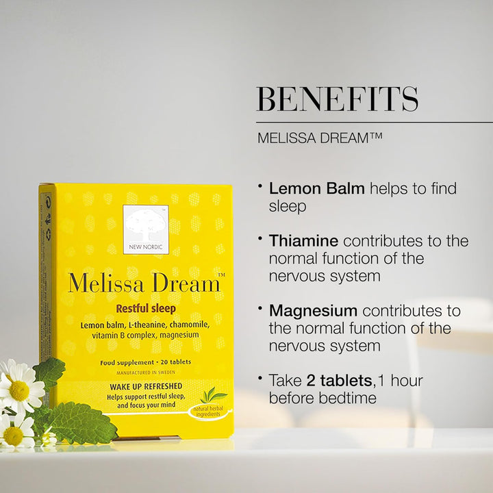 Melissa Dream - Melatonin-Free Natural Sleep Aid & Insomnia Relief for Adults - Magnesium & Chamomile - 20 Herbal Sleeping Tablets
