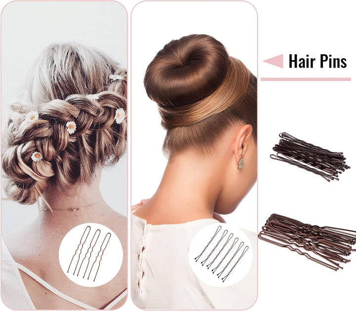 Hair Bun Net, 68PCS Easy Hair Styling Tools- Include Ballet Hair Nets, Hair Doughnut, U Shaped Hair Pins, Bobby Pins and Hair Bands, Hair Bun Maker, Brown Bun Rings for Women Girls Hair Accessories