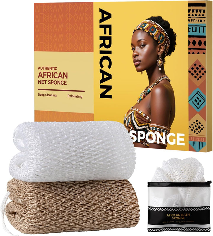 African Net Sponge Authentic - 2 Pieces Body Back Scrubber Bath Sponge with Knots - Afro Loofah Exfoliating Wash Cloth for Shower - African Body Care Daily Use Bathing Accessories