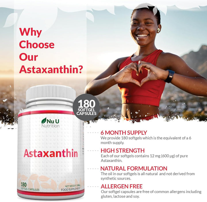 Astaxanthin 12Mg - 180 High Strength Softgel Capsules - 6 Month Supply - Powerful Antioxidant Supplement - Astaxanthin from Haemotococcus Pluvialis Algae - Made in the UK -