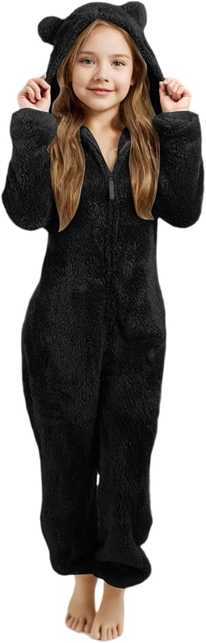 Girls Fleece Hooded Romper Jumpsuit with Ears Soft Warm Winter Pajamas Play Costume for Toddler Kids