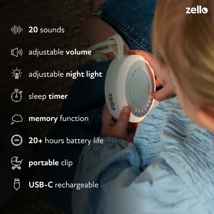 Zello Portable White Noise Machine Baby Sleep Aid 20 Soothing Sounds Warm Night Light 20Hr Battery USB Rechargeable Memory Function Portable Sound Machine Travel Pram Pushchair Cot Nursery Camping