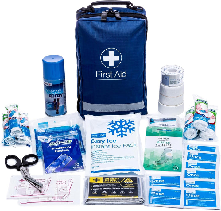 Premium Sports First Aid Kit - Fully Stocked with 2 X Ice Packs, Freeze Spray, Foil Blanket and More.
